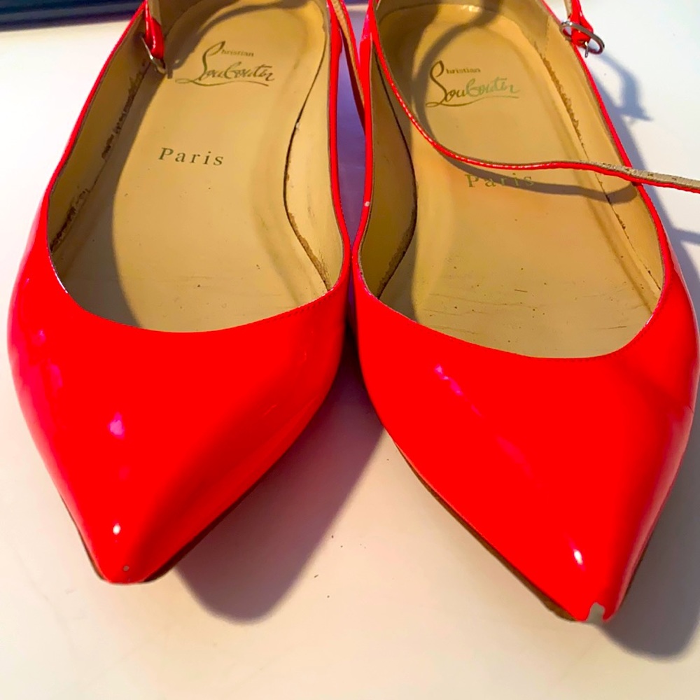 Christian Louboutin Hot Pink Patent Pointed Toe Flats with Ankle Strap